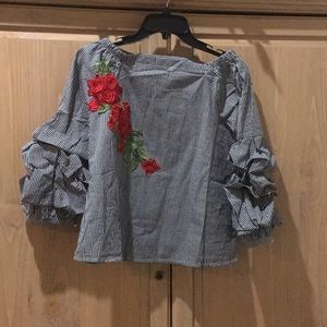 🆕 Embroidered Floral Gingham Ruffle Blouse